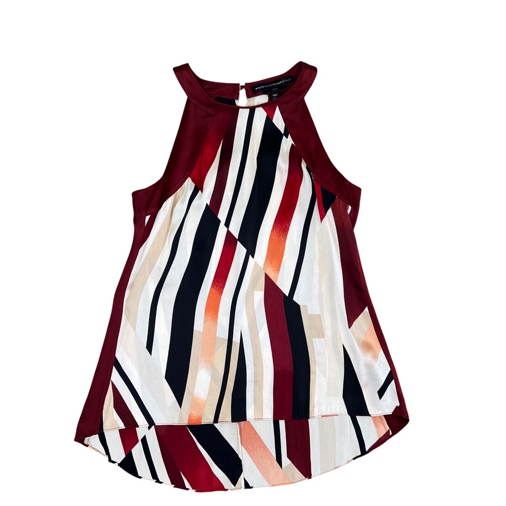 White House Black Market Silk Halter Blouse Burgundy Geometric Stripe 00P Petite
